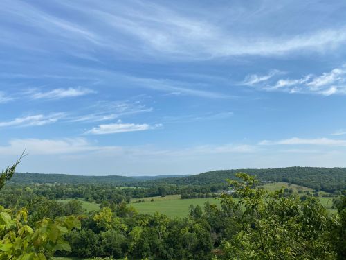 A scenic view of rolling green hills under a blue sky with wispy clouds. Lush trees frame the foreground.