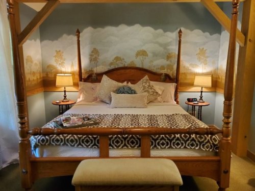 Cozy bedroom featuring a four-poster bed, decorative pillows, and soft lighting against a painted wall backdrop.