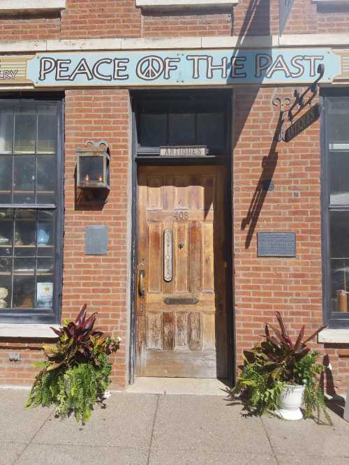 A rustic antique shop entrance with a wooden door, plants, and a sign reading "Peace of the Past."