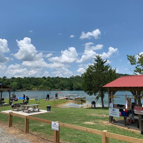 A scenic view of a lake with boats, trees, and picnic areas under a partly cloudy sky.