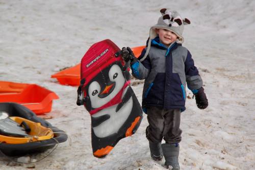 A child in a raccoon hat smiles while holding a penguin-themed sled on a snowy hill.