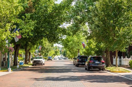 A tree-lined street with parked cars and American flags, creating a vibrant, welcoming atmosphere.