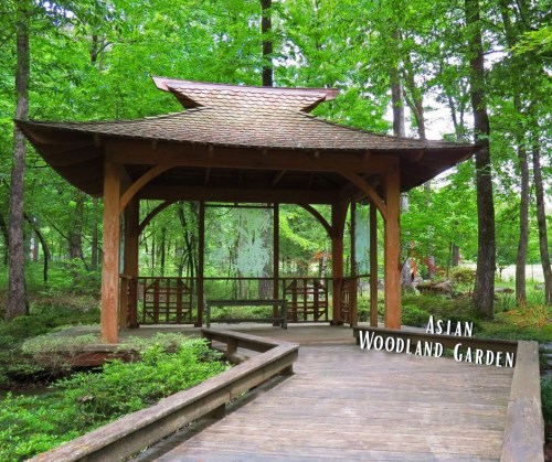 A wooden gazebo in a lush green garden, surrounded by trees and plants, labeled "Asian Woodland Garden."