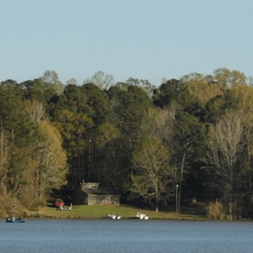 A serene lake scene with a small cabin and boats, surrounded by lush green trees under a clear blue sky.