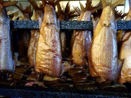 Smoked fish hanging on racks, showcasing a variety of golden-brown, crispy-skinned fish.