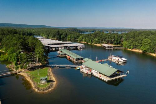 Aerial view of a serene lake with marinas, boats, and lush green trees lining the shore under a clear blue sky.