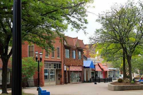 A quiet street lined with brick buildings and colorful awnings, surrounded by green trees and a clear sky.