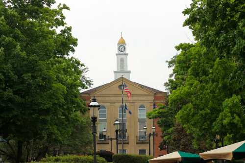 A clock tower atop a building surrounded by trees, with an American flag in front, on a cloudy day.