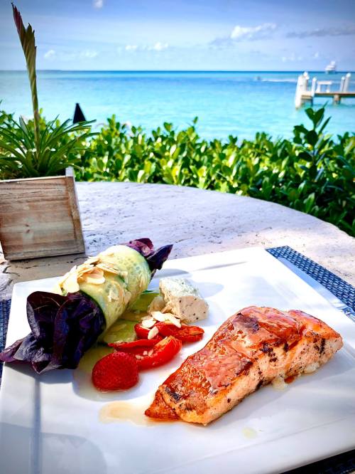 A plate with grilled salmon, a vegetable wrap, and fresh strawberries, set against a scenic ocean view.