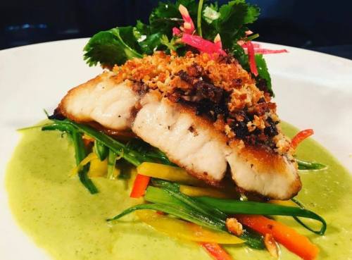 A beautifully plated fish dish topped with crispy garnish, served on a bed of colorful sautéed vegetables and green sauce.