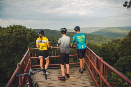 Three cyclists in jerseys stand on a lookout, gazing at a scenic mountain view. Bikes are nearby.