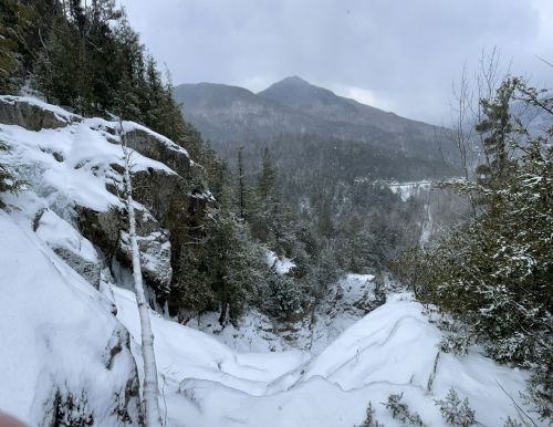 A snowy landscape with rocky cliffs and evergreen trees, set against a backdrop of distant mountains under a cloudy sky.