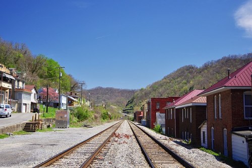 A view of railway tracks stretching into the distance, flanked by houses and green hills under a clear blue sky.