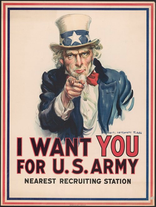 A vintage recruitment poster featuring Uncle Sam pointing, with the text "I Want You for U.S. Army."