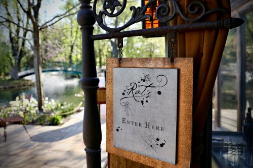 A decorative sign reading "Patio" and "Enter Here" hangs near a serene outdoor setting with a pond and bridge.