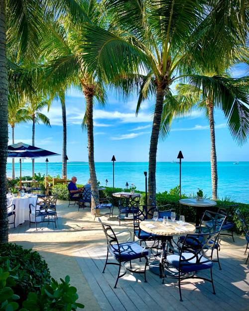A tropical outdoor dining area with palm trees, tables, and a view of the turquoise ocean under a clear blue sky.