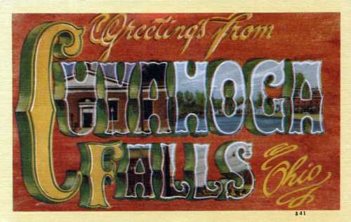 Vintage postcard featuring the text "Greetings from Cuyahoga Falls, Ohio" in colorful, decorative lettering.