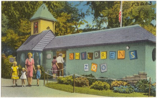 A colorful vintage postcard of a children's zoo entrance with families and a sign reading "Children's Zoo."