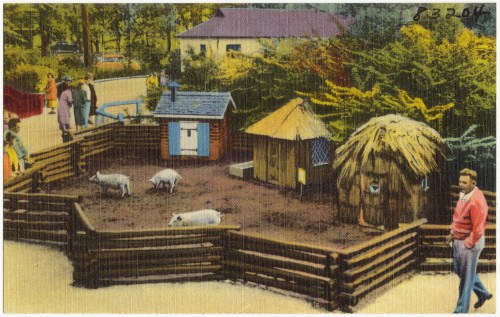 A colorful scene of a small farm with pigs, a thatched hut, and visitors walking along a path in a lush setting.