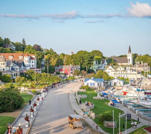 A scenic view of a coastal town with colorful buildings, a marina, and people walking along a tree-lined street.