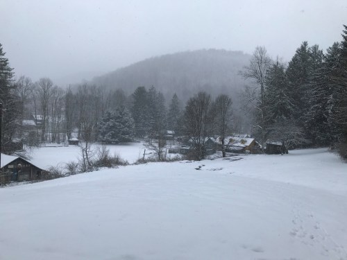 A snowy landscape with trees and a distant mountain, featuring a few buildings partially obscured by falling snow.