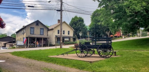 A vintage horse-drawn carriage sits on a grassy area near a historic building and power lines under a cloudy sky.