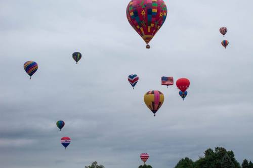 A colorful array of hot air balloons floating in a cloudy sky.