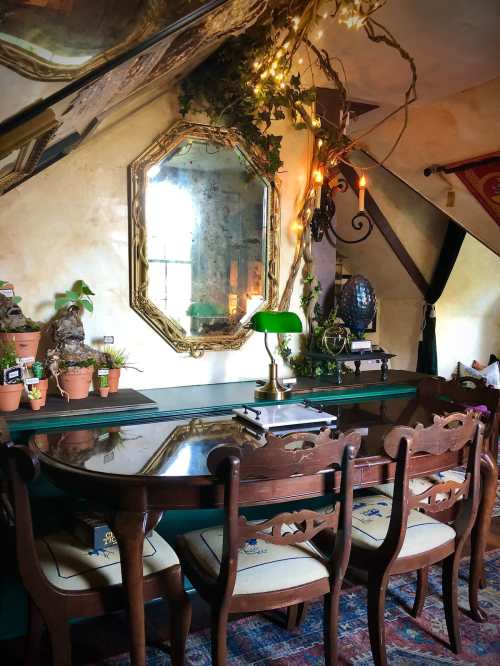 Cozy room with a wooden table, chairs, a large mirror, plants, and warm lighting under a sloped ceiling.
