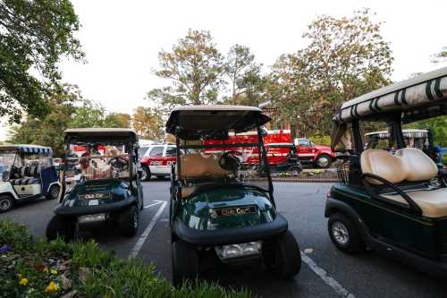 A row of golf carts parked in a lot, with emergency vehicles visible in the background among trees.