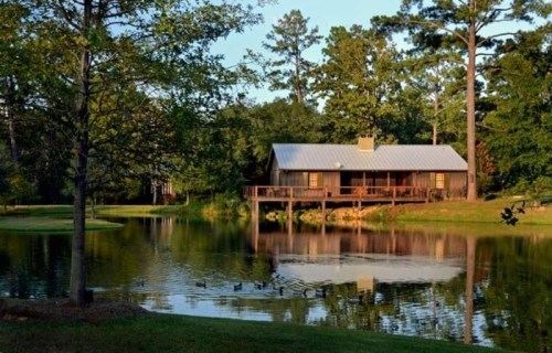 A serene cabin by a calm lake, surrounded by trees and greenery, with a wooden deck overlooking the water.