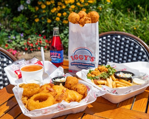A vibrant outdoor table setting featuring fried food, a drink, and condiments from Iggy's, surrounded by flowers.