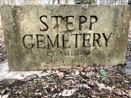 Weathered stone sign reading "Stepp Cemetery Established Early 1900s," surrounded by fallen leaves and trees.