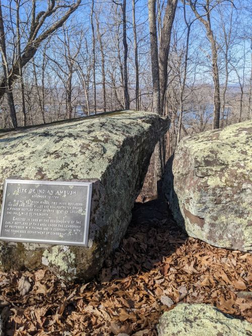 A rocky site with a plaque marking the location of an Indian ambush, surrounded by trees and fallen leaves.