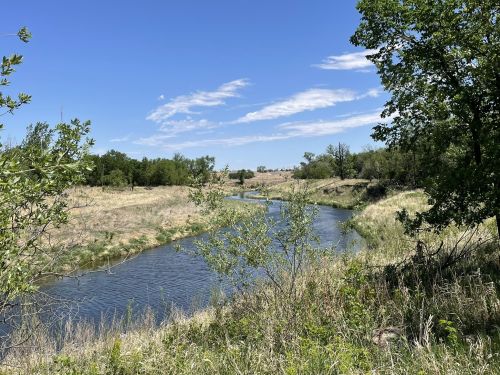 A serene river flows through a grassy landscape under a clear blue sky, surrounded by trees and distant hills.