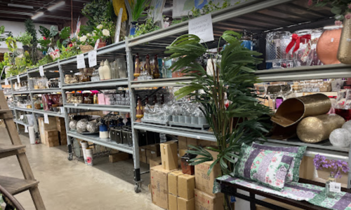 A store aisle filled with shelves of decorative items, plants, and various home goods.