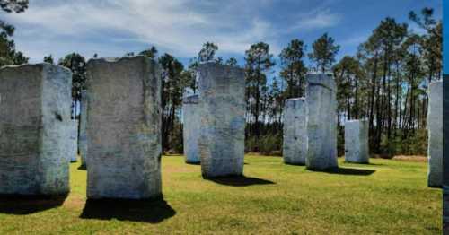 A group of large stone monoliths arranged in a grassy area, surrounded by tall trees and a clear blue sky.