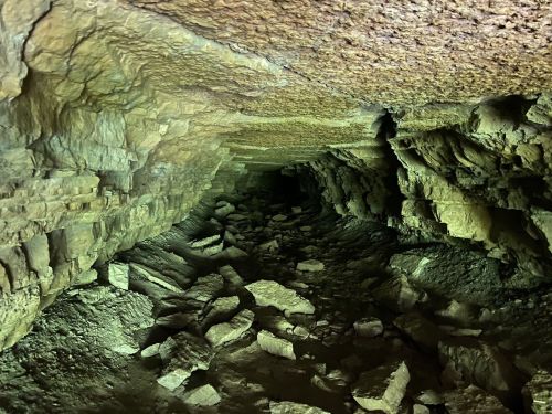 A dimly lit cave interior with rocky walls and a stony floor, creating an eerie, underground atmosphere.