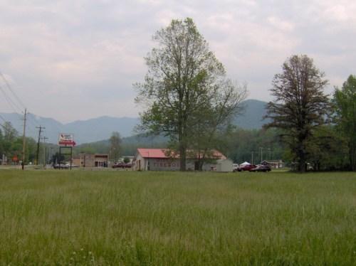 A grassy field with trees, a small building, and mountains in the background under a cloudy sky.