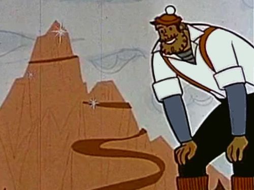 A cartoon character with a beard and hat kneels beside a mountain, smiling at a winding path in a colorful landscape.