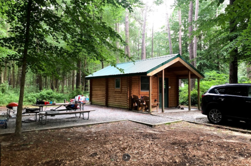 A cozy wooden cabin surrounded by trees, with a picnic table and a car parked nearby.