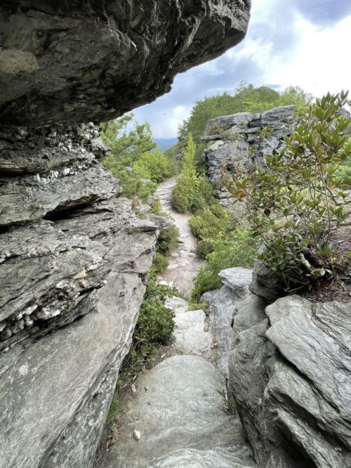 A narrow path winds through rocky terrain, flanked by lush greenery and towering stone formations under a cloudy sky.