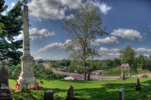 A scenic view of a cemetery with a tall monument, green grass, trees, and a distant landscape under a blue sky.