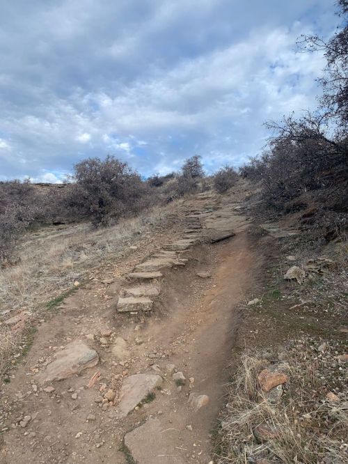 A rocky trail winds uphill through sparse vegetation under a cloudy sky.