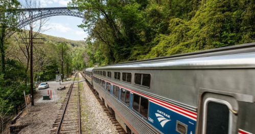 An Amtrak train travels along a scenic route, surrounded by lush greenery and a bridge in the background.