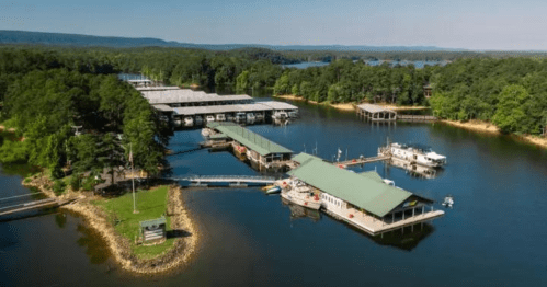 Aerial view of a serene lake marina surrounded by lush greenery and boats docked along the shoreline.