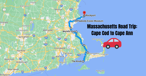 Map of Massachusetts highlighting a road trip route from Cape Cod to Cape Ann, with key locations marked.