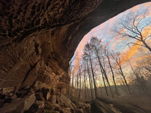 A rocky overhang frames a sunset sky with trees silhouetted in the foreground.