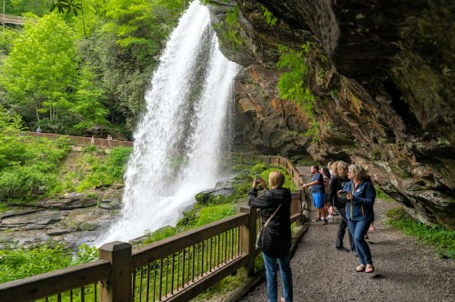 Visitors admire a waterfall from a rocky overhang, surrounded by lush greenery and a wooden railing.