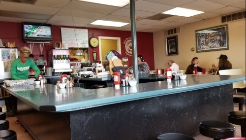 A cozy diner scene with a counter, patrons chatting, and a server preparing food in a warm, inviting atmosphere.