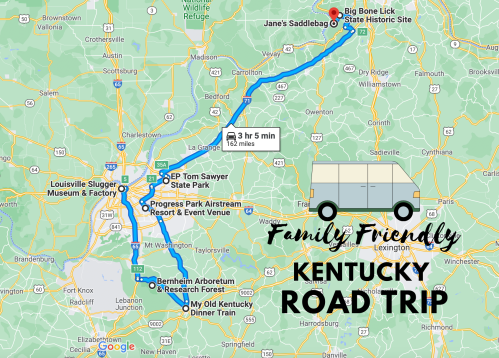 Map of a family-friendly road trip in Kentucky, highlighting key stops and routes between locations.